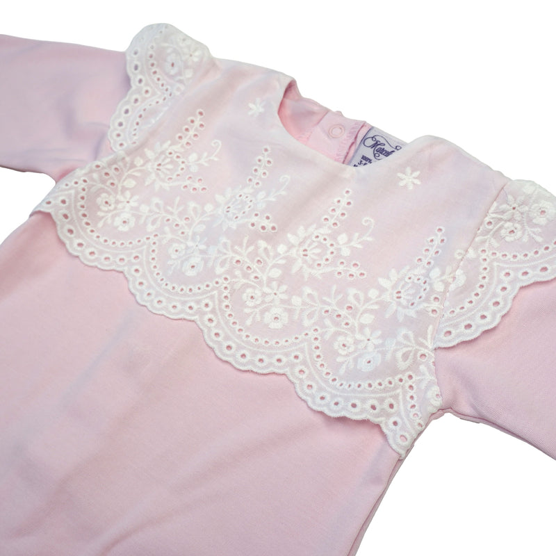 Long Sleeve Pink Footie with Lace Collar, 12-18M