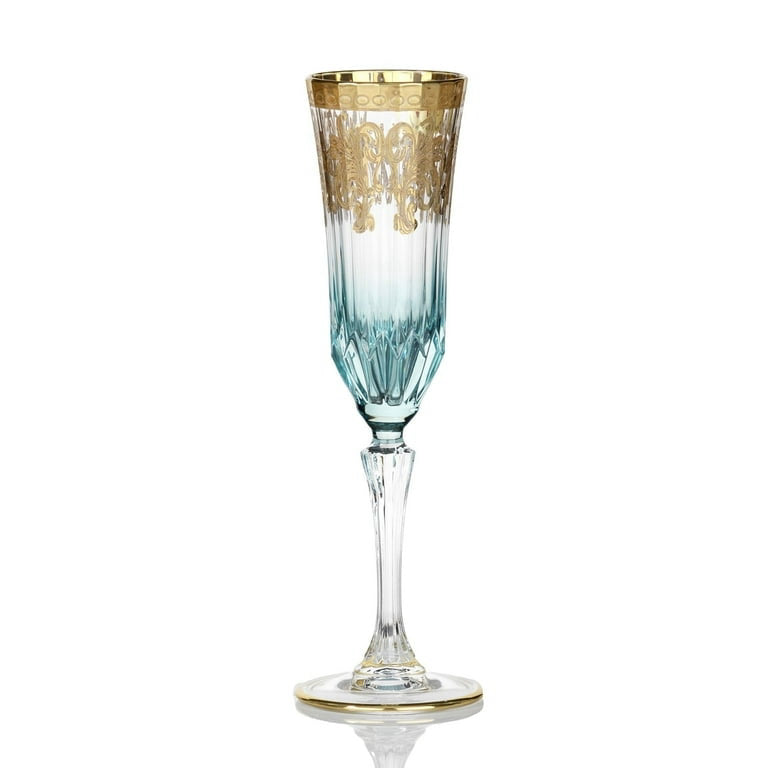 Set of 6 Art Deco Gold Flutes, Blue