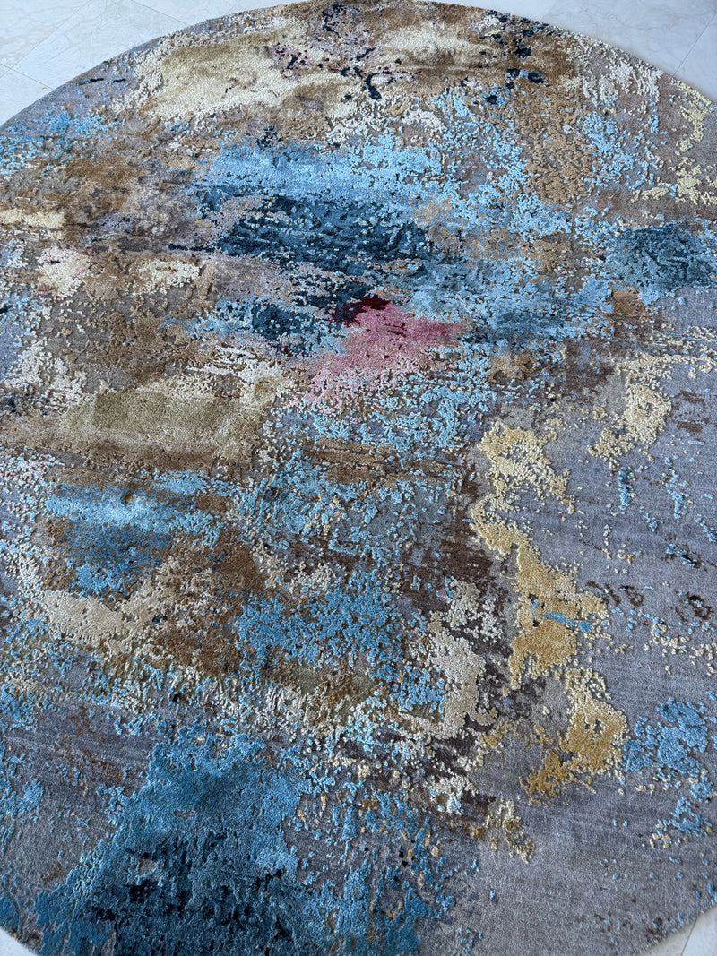 8' Round Abstract Mustard and Blue Rug