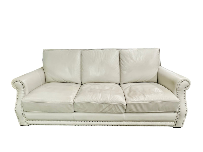 Beige Leather Sofa and Ottoman with Nailhead Trim
