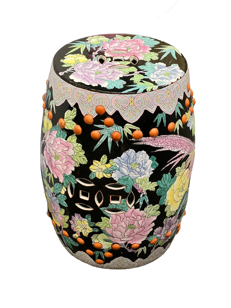 Black Oriental Garden Seat with Peonies