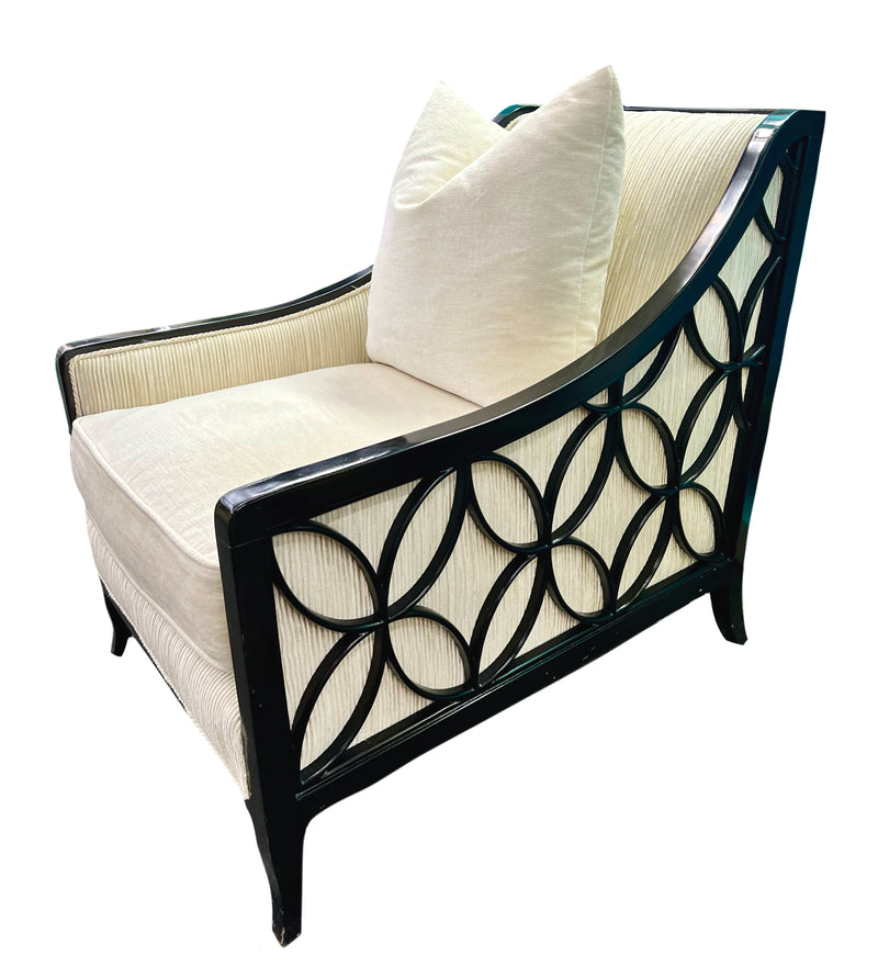 Caracole White Velvet Arm Chair with Black Wood Trim