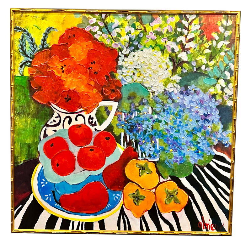 Still Life with Red Flowers and Fruit in Bamboo Frame