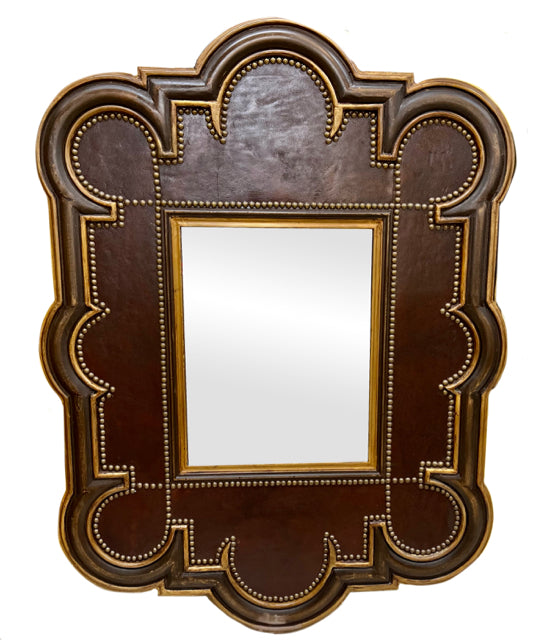 Brown Leather Mirror with Brass Tacks