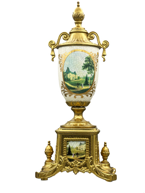 Pair of Vintage Italian Porcelain Brass Urns