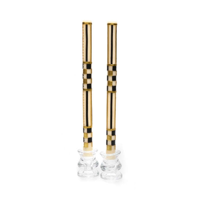 Pair of Check Stripe Black & Gold Dinner Candles