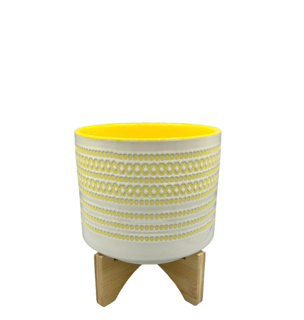 Yellow Ceramic Planter on Wood Stand