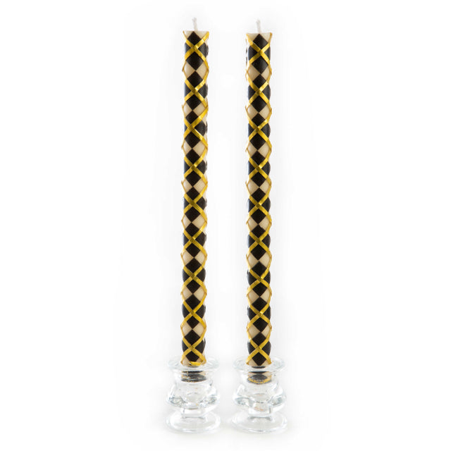 Pair of Argyle Black & Gold Dinner Candles