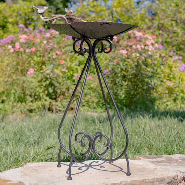 Stephania Medium Gold Frosted Iron Birdbath with Bird Details