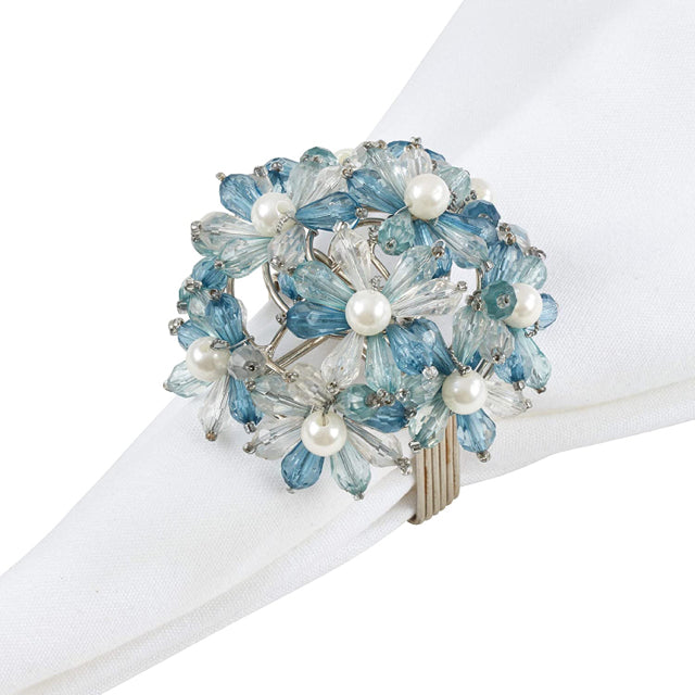 Set of 4 Aqua Floral Bead Napkin Rings