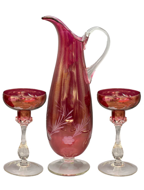 Etched Floral Cranberry Pitcher with 2 Glasses