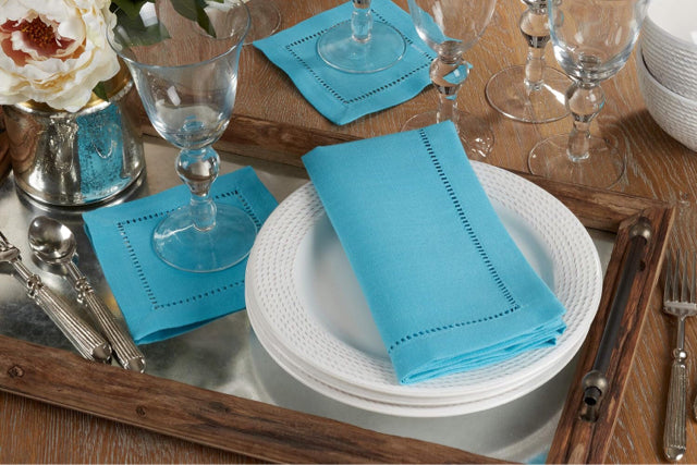 Set of 4 Turquoise Napkins with Hemstitched Border